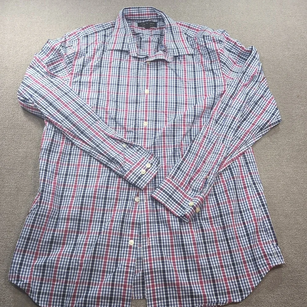 Banana Republic Shirt Mens Large L  Button-Up Black Plaid Standard Fit Blue Pink